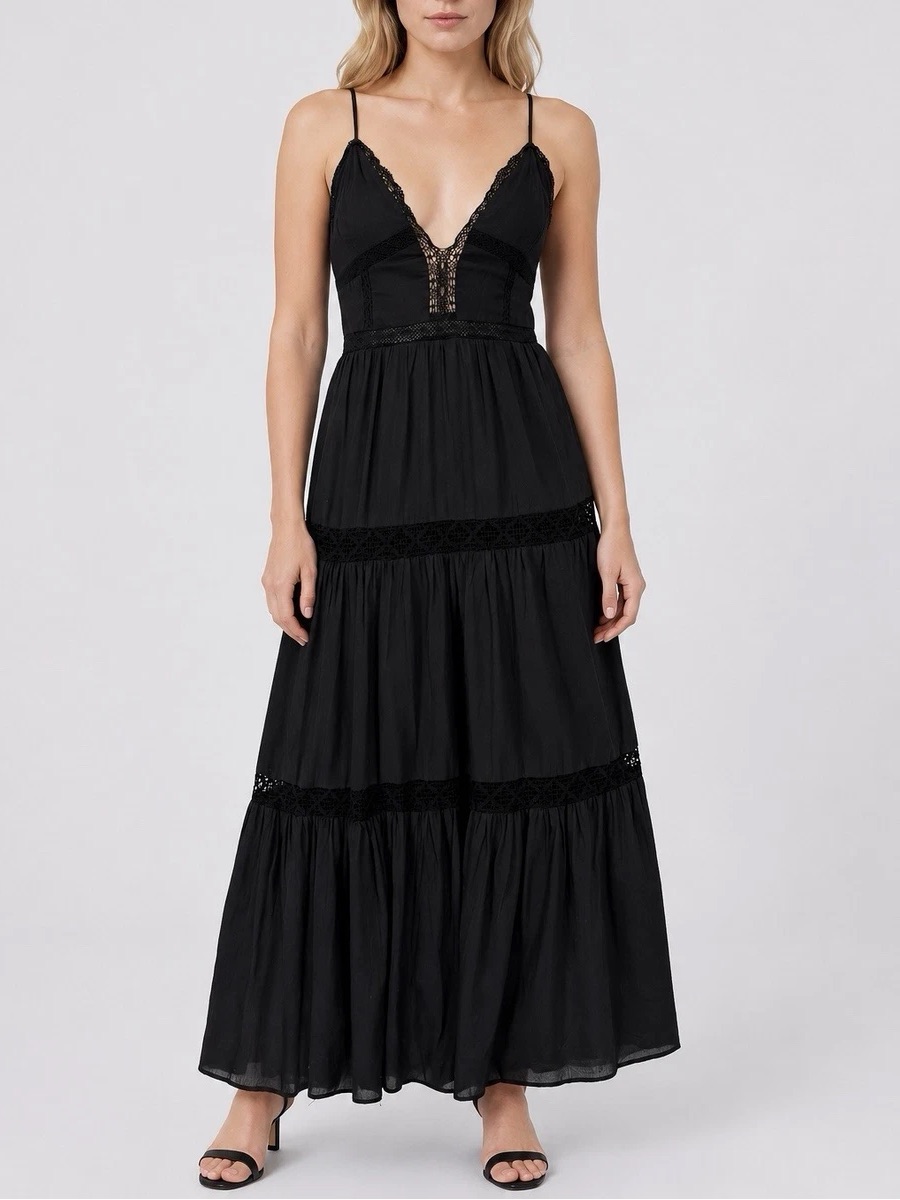 Blue Rain Black Boho Tiered Eyelet Lace-Up Back Maxi Dress 100% Cotton